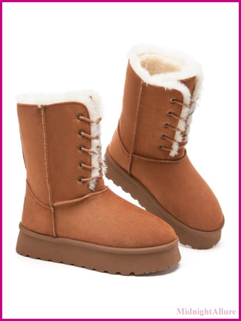 Uoidru Women's Suede Snow Boots Fur Lined Lace-Up Mid-Calf Platform
